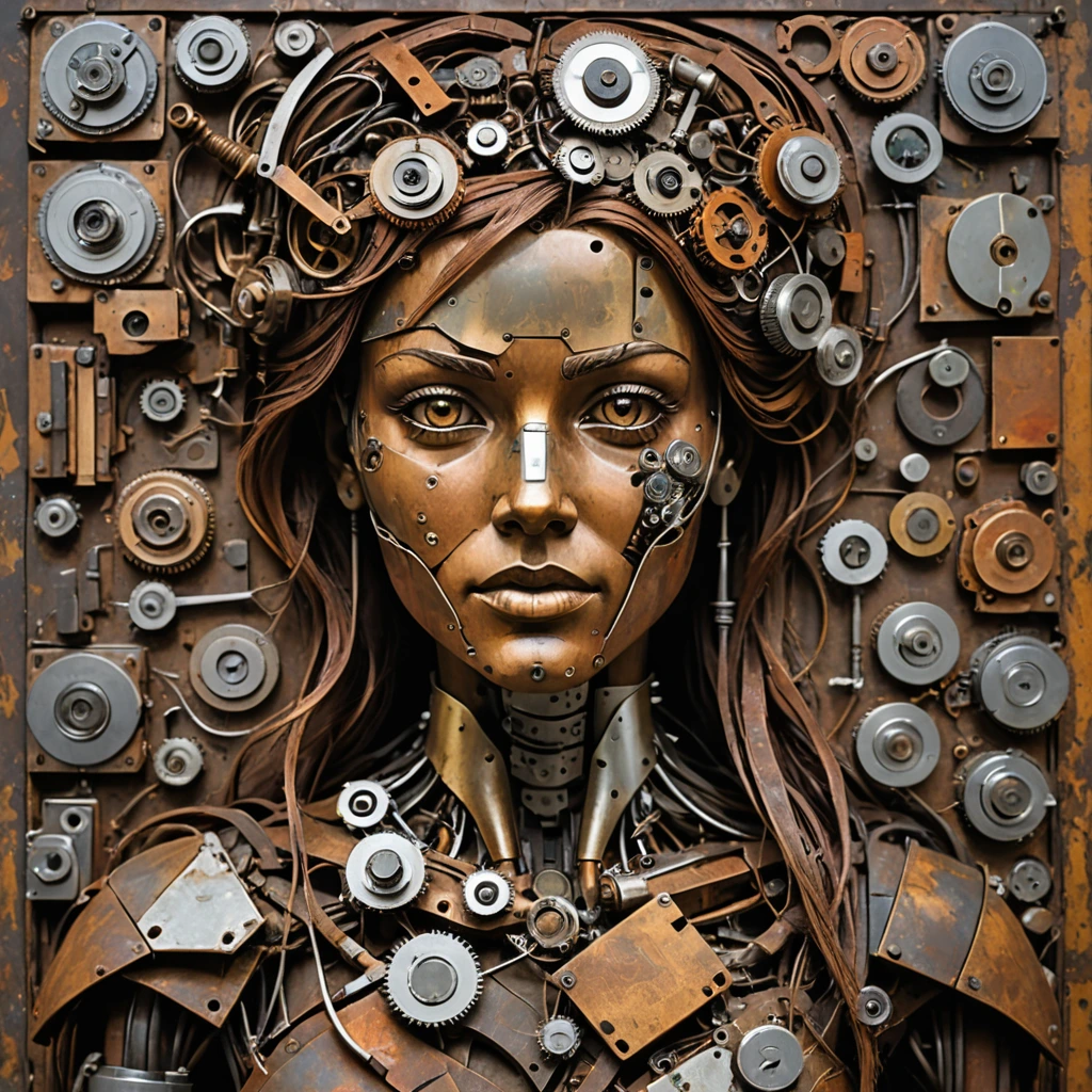 Create a woman pieced together from scrap parts junk scrap electronics rusty metal broken old archaic technology pieced together into a woman.