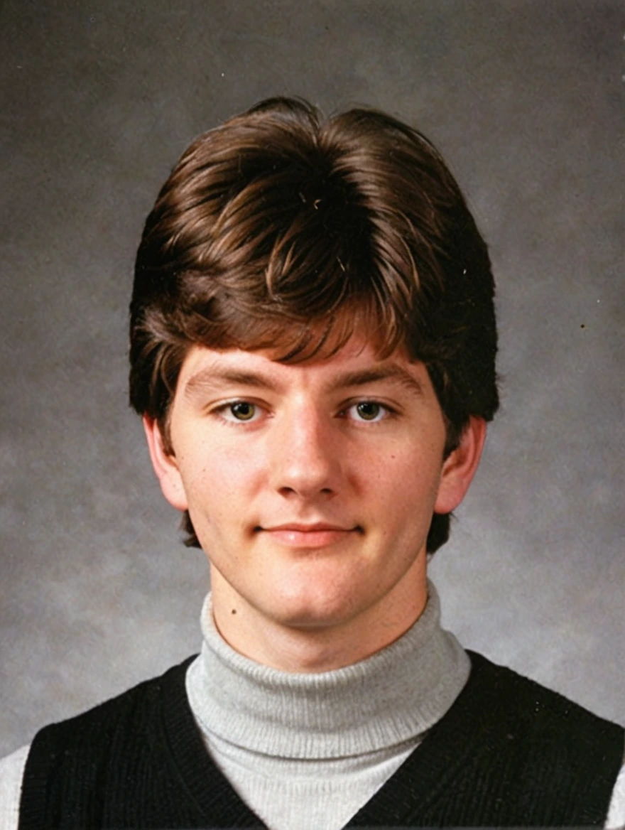 A 1993 yearbook photo of male high school student, turtlenecks, sweater vests, middle-part hairstyle