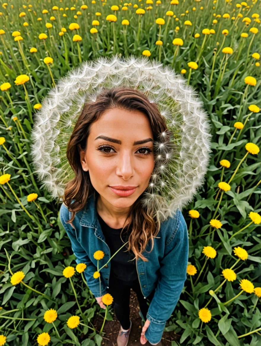 tiny woman standing under a giant dandelion