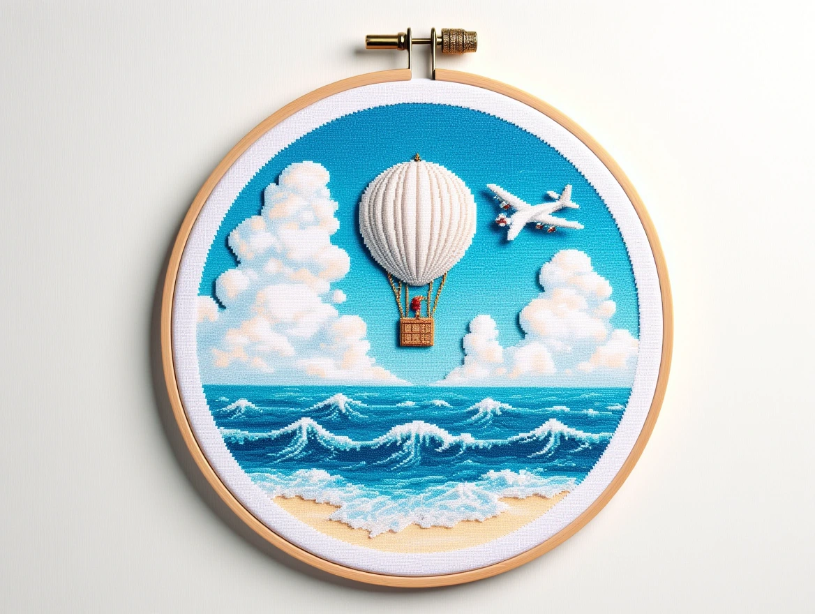 Fine paper cut, one off white blue shell white air balloon and one big white airplane over a sky blue beach with fluffy white clouds in the sky,
thread art, plasticine art, paper art,   epic realism,8K, highly detailed, fantasy storybook illustration, glamour lighting