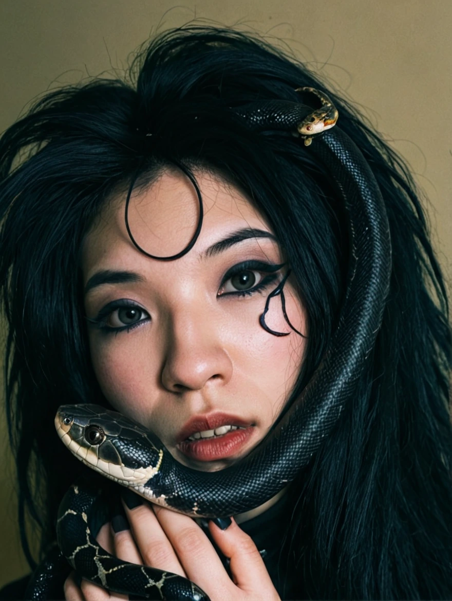 A female goth with piercings and a pet snake