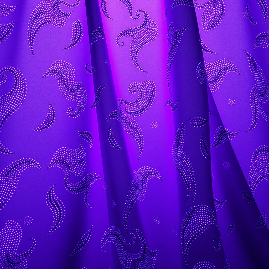 A luxurious purple silk fabric adorned with intricate micro pointillism patterns, illuminated by soft backlighting, creating a mesmerizing and elegant visual display.