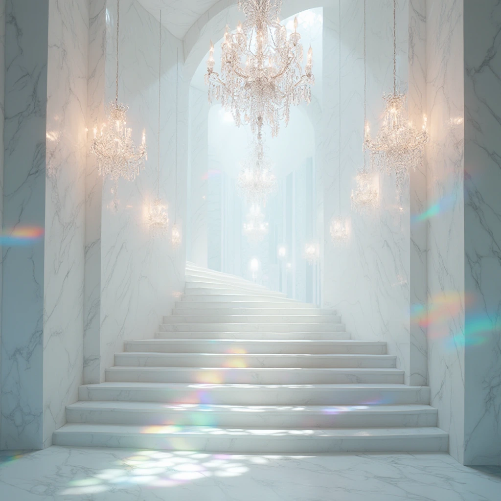 An ethereal and surreal dream sequence unveils a grand staircase made of pristine white marble. The stairs are adorned with shimmering crystal chandeliers that cast rainbow reflections all around, enveloping the scene in an elegant and mesmerizing atmosphere. Dreamlike quality, soft focus, intricate details of chandeliers, intricate patterns in the marble, high resolution, cinematic lighting.