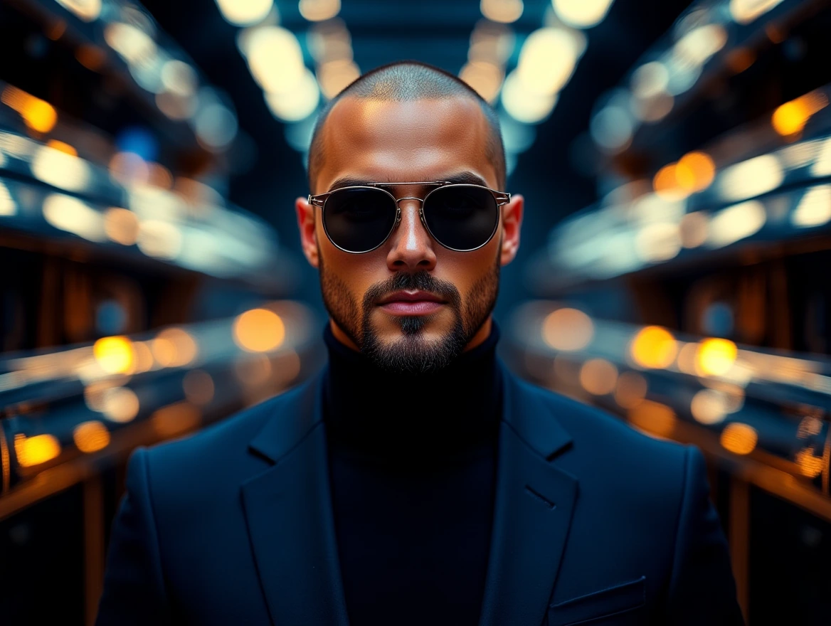 A young bald Latino man with a neatly trimmed goatee beard sports stylish designer mafioso sunglasses, exuding confidence as he stands resolutely in the sleek, futuristic Tesla Yacht Lean Manufacturing CNC Machinery room. He is surrounded by towering, highly advanced yachts shining in majestic shades of golden navy blue, creating a minimalistic and high-end ambiance. The front view captures the essence of sophistication and modernity in a photorealistic setting.