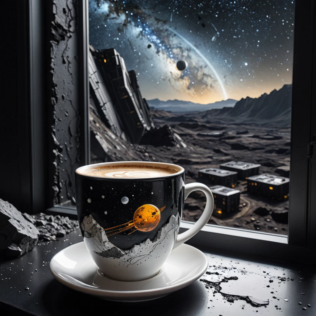 A detailed coffee cup by a window overlooks an asteroid's mining surface, featuring futuristic, infrastructure. The background is black, dotted with stars.