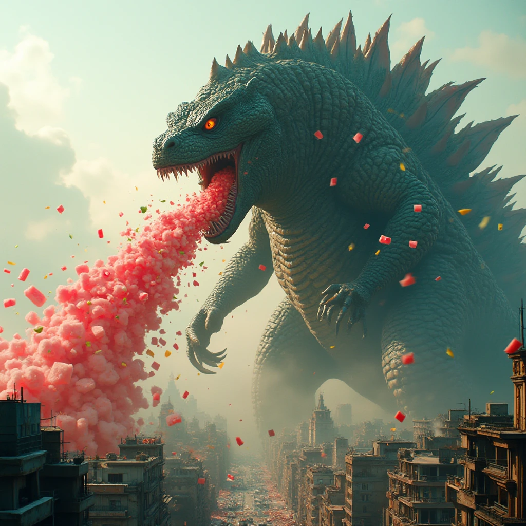 A towering, larger-than-life Godzilla monster with reptilian cat-like eyes gleaming with power and mischief, unleashes a vibrant stream of assorted rainbow of watermelon chunks vomit from its jaws. The chaotic scene unfolds in a bustling cityscape below, with buildings crumbling and colorful magic adding an element of destruction in this photorealistic depiction. The stream vomited is a rainbow throw up. cinematic, epic realism,8K, highly detailed