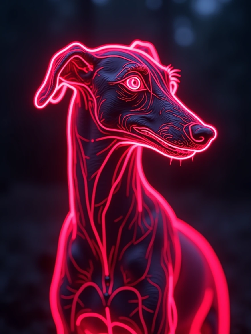 illustration in neon style depicting a greyhound dog, highlighted in vibrant crimson color, outlined with bright silver lines, on a dark blurred background, creating a striking and luminous effect.