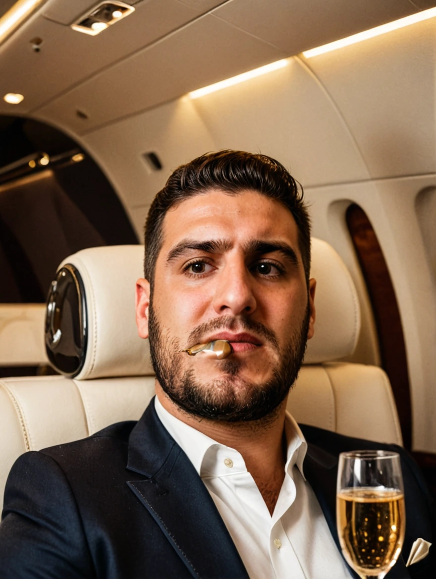 man drinking champagne on a private jet