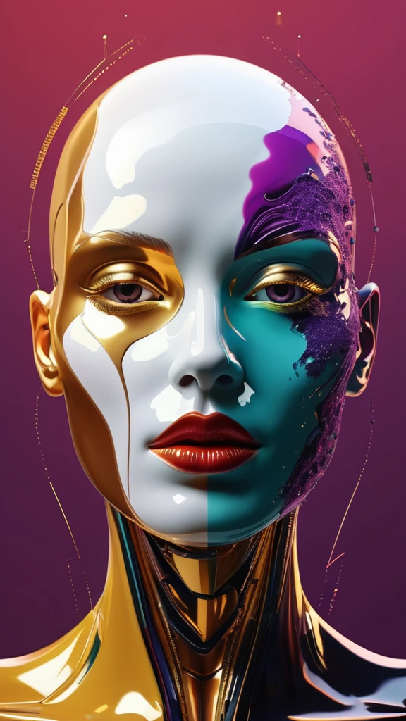 A surreal digital illustration of a stylized human face made up of abstract, fluid shapes, with a combination of smooth, flowing lines and sharp geometric edges. The left side of the face is formed by a mix of colorful, swirling liquid shapes in shades of glittery golden specks, purple, teal, and black, wet dripping down, while the right side features a more rigid cybernetic, white, sculpted form with digital and mechanical features. The lips are bright red and glossy, positioned centrally, creating a striking focal point. The background is an eerie prison cell red graffiti that transitions from warm yellow-orange at the center to a darker shade at the edges, giving a glowing effect behind the abstract face. The overall style is futuristic and artistic, with a strong emphasis on contrast and symmetry.