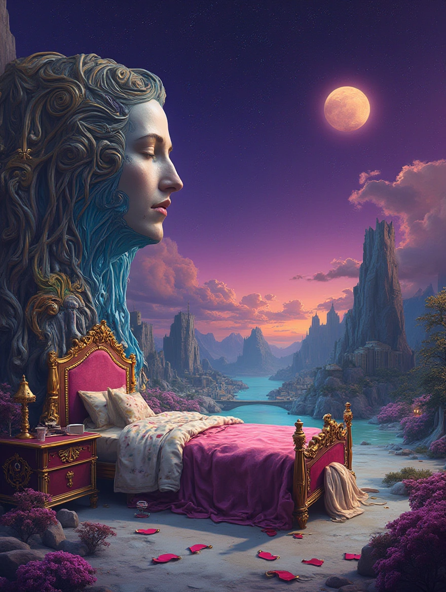 An otherworldly landscape inspired by Salvador Dali's surreal style, where a whimsical bed is placed under a starry purple sky,a painting of a woman's face with a city in the background, fantasy drawing made of fractals, colorful melting human head lying a throne in a fantasy land, portrait of a dreamer, depicted as a 3 d render, side profile artwork, psytrance, featured on twisted  dripping heart designs surrounded by bizarre and dreamlike scenery.