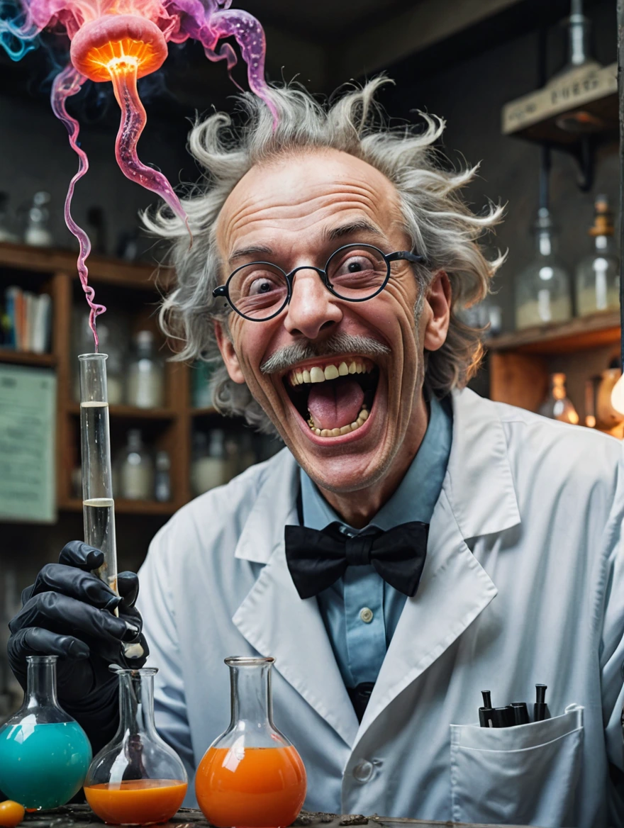 A mad scientist is laughing in joy at his monstrous creation spooky vibe, surrealist style, fantastical, magical, unexpected, super detail, dreamy lo-fi photography, colorful