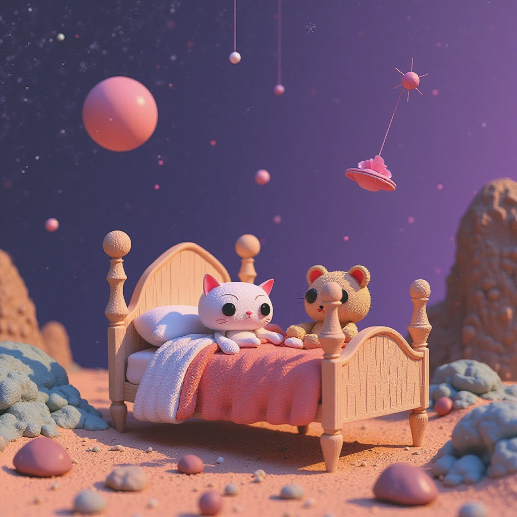 An otherworldly landscape inspired by Salvador Dali's surreal style, where a cat and teddy bear are in a whimsical bed is placed under a starry purple sky, surrounded by bizarre and dreamlike scenery. Surrealistic art inspired by Salvador Dali's art