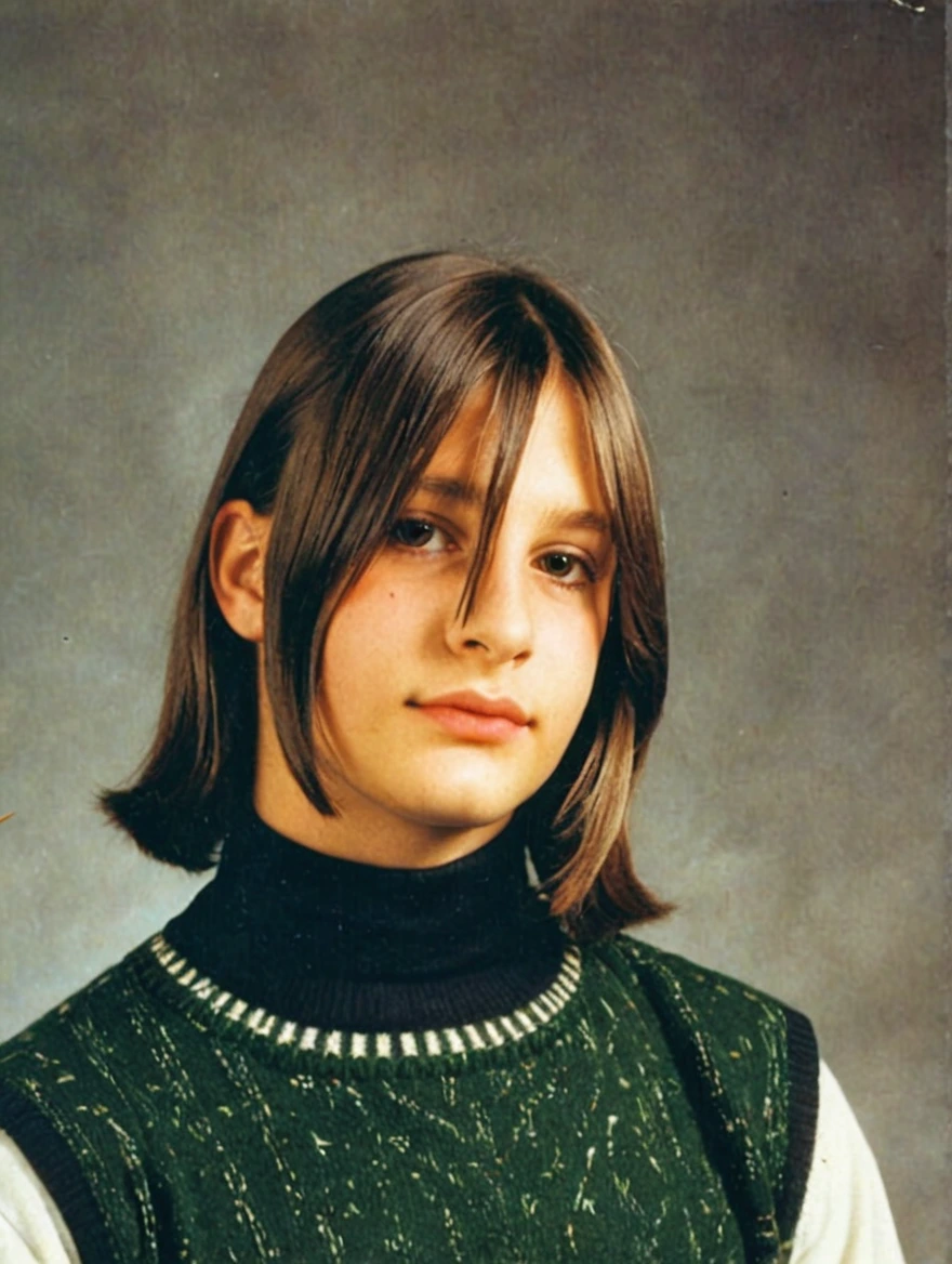 A 1993 yearbook photo of male high school student, turtlenecks, sweater vests, middle-part hairstyle