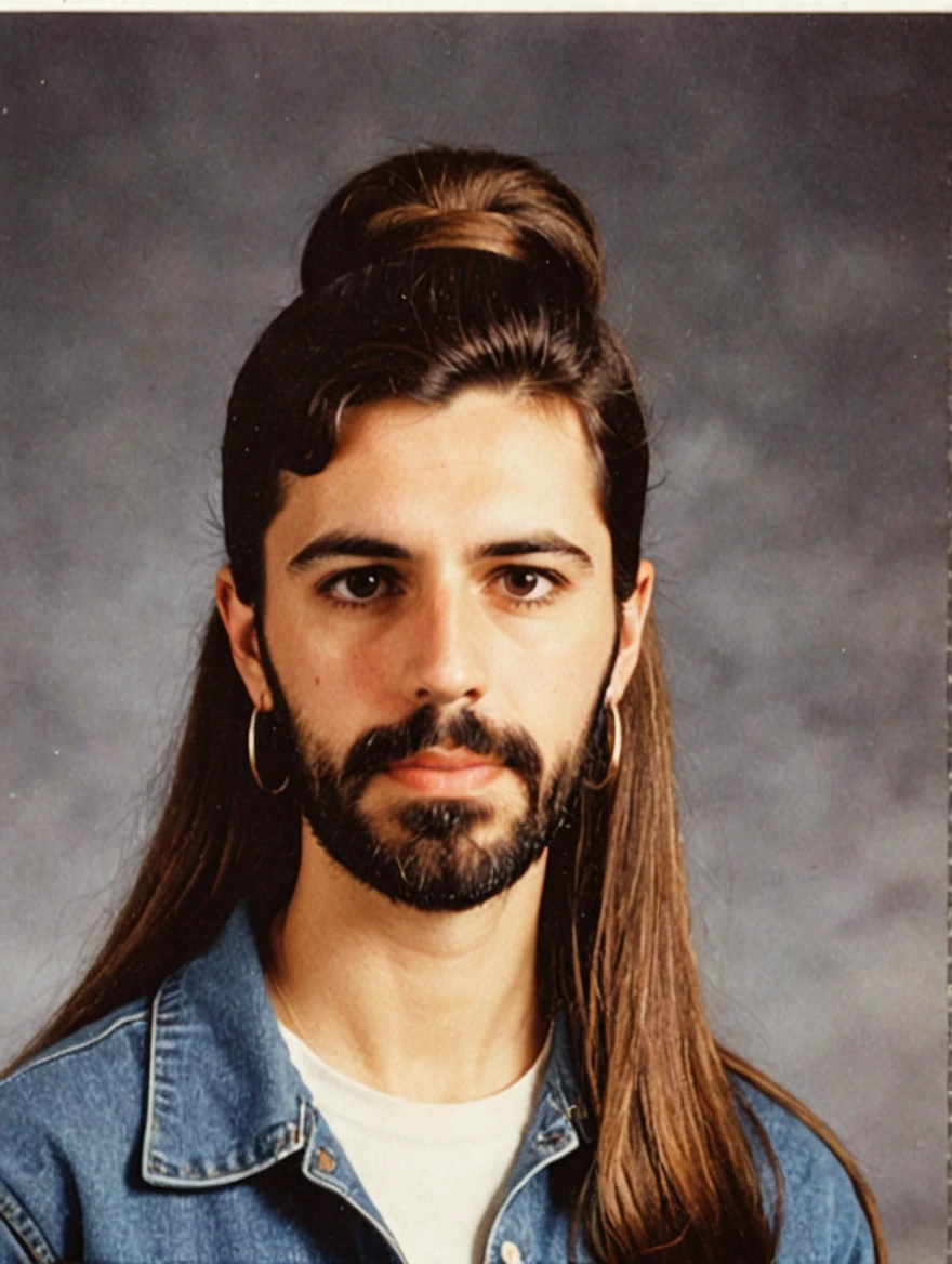 A 1993 yearbook photo of female high school student, plaid, jeans, hairspray, mini-skirts