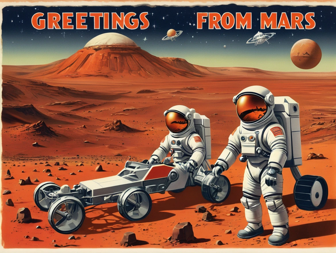 Postcard with text "Greetings from Mars", vintage postcard style,