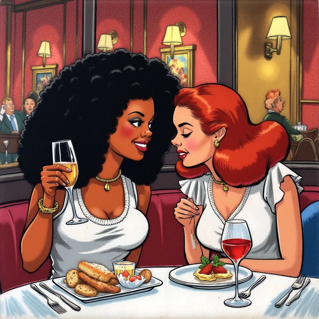 A stunning plus-size African American woman with curly hair and a caucasian woman, with red hair enjoying a gourmet meal at an upscale restaurant, surrounded by elegant decor and dim romantic lighting, perfectly capturing a moment of beauty and confidence. High-quality image with vibrant colors, showcasing her stylish outfit and radiant smile, creating a chic and sophisticated vibe. drawing, hyper realistic watercolor masterpiece