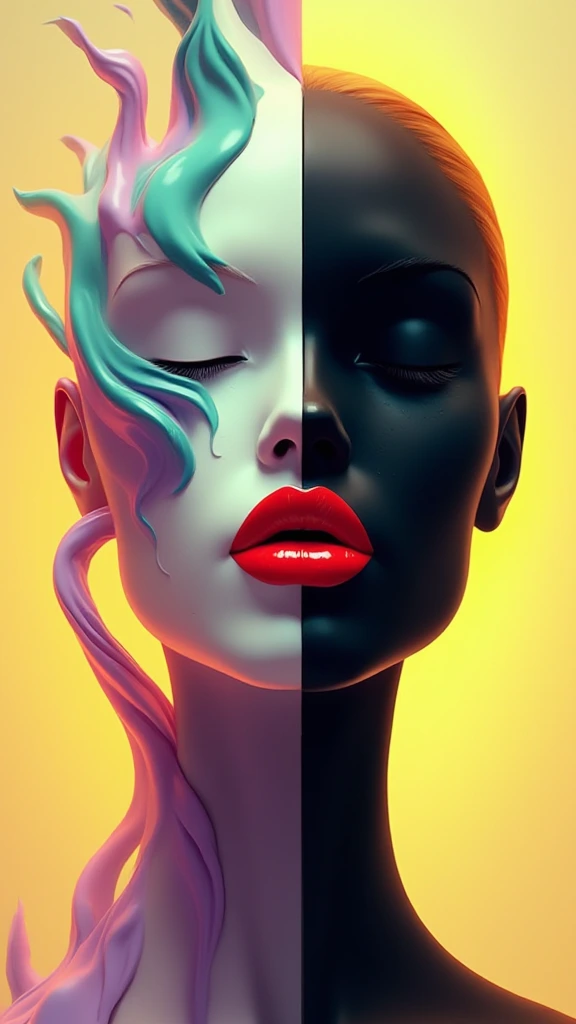 A surreal digital illustration of a stylized human face with closed eyes made up of abstract, fluid shapes, with a combination of smooth, flowing lines and sharp geometric edges. The left side of the face is formed by a mix of colorful, swirling liquid shapes moving upwards in shades of purple, teal, and white, while the right side features a more rigid, black, separated sharply in the middle. sculpted form with minimalist features. The lips are bright red and glossy, positioned centrally, creating a striking focal point. The background is a gradient that transitions from warm yellow-orange at the center to a darker shade at the edges, giving a glowing effect behind the abstract face. The overall style is futuristic and artistic, with a strong emphasis on contrast and symmetry.