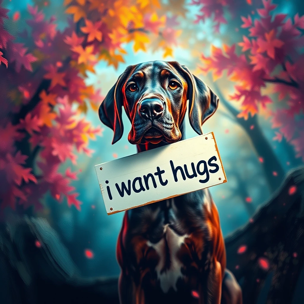 A painting masterpiece showcasing beautiful ultra detailed great Dane puppy holding a sign saying "i want hugs" through  distorted reality. The vivid colour palette and intricate brushwork immerse viewers in a mesmerizing world of realistic enchantment, where the surreal beauty of nature looms. The ambience is accentuated by cinematic lighting, elevating the atmosphere of mystical fantasy. Captured in crisp 1080p resolution, this lifestyle photograph invites you to delve into a realm of wonder and intrigue. Dramatic action