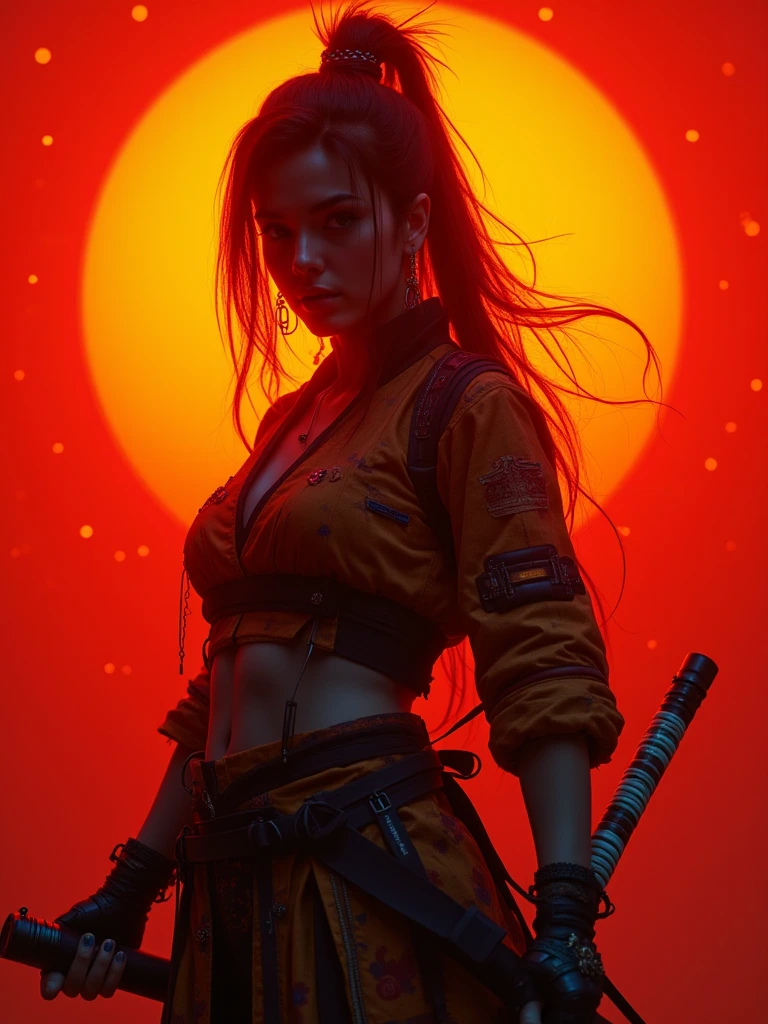 Female Cyberpunk Samurai in the style of datamoshing, VHS glitch, highly detailed, orange neon light, artifact effects, stylised orange sun backdrop