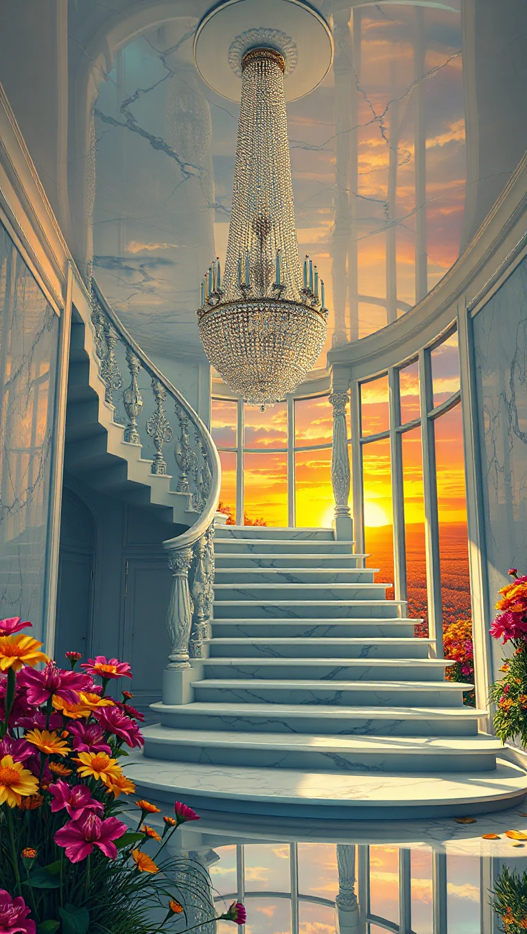 A surreal dreamlike scene of a pristine white marble staircase, adorned with shimmering crystal chandeliers casting rainbow reflections all around, creating a mesmerizing and elegant atmosphere. A surrealistic painting by Tim Burton infused with Dr. Seuss's whimsical charm, featuring a mesmerizing hyper-recursive Droste effect, drawing viewers deep into its intricate layers. The composition juxtaposes self-indulgence against fleeting equilibrium, influenced by the artistic style of Robert Lee Portrait, enhanced by L-system tessellation and Doppler-like visual effects. Expect to be enchanted by this intricate artwork's layers and thought-provoking symbolism, captured in fine detail. A dreamlike setting with sunset hues casting a golden glow over a vast field of wildflowers, reminiscent of Anton Semenov and Michael Cheval's dark fantasy and whimsical absurdity, portrayed in cinematic 8K realism with intricate detail.