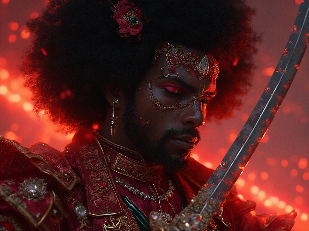 A cyberpunk rendition of Afro Samurai inspired by datamoshing, VHS glitch, and orange neon lighting. This highly detailed digital wallpaper portrait features a dark noir brutal epic composition, merging anime aesthetics with a dramatic twist. The artwork showcases Afro Samurai in a majestic Samurai outfit adorned with the most precious diamonds, ruby red jewelry, and gold accents. His blade sparkles with encrusted diamonds, rubies, and emeralds, adding an opulent and intricate flair to the fierce warrior.