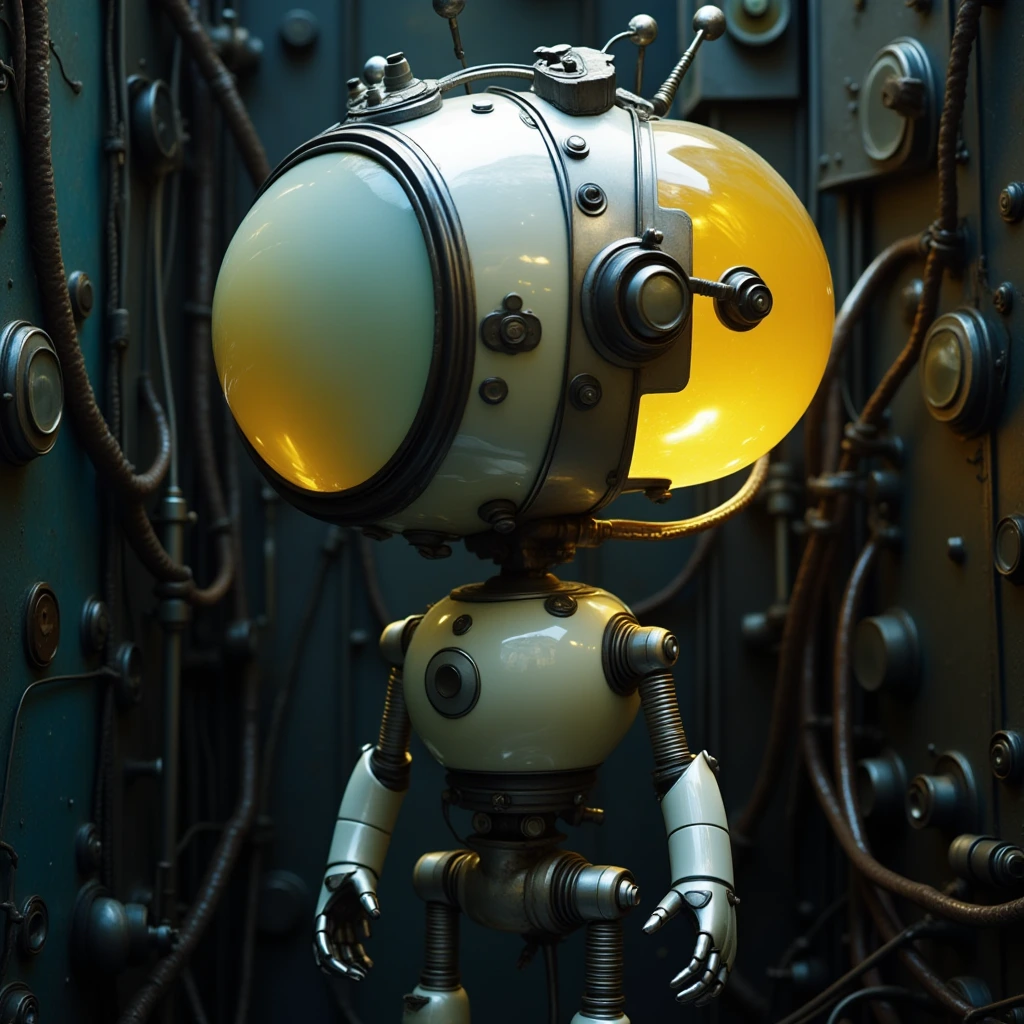 The biorobot stands against a metal black wall. Ha…