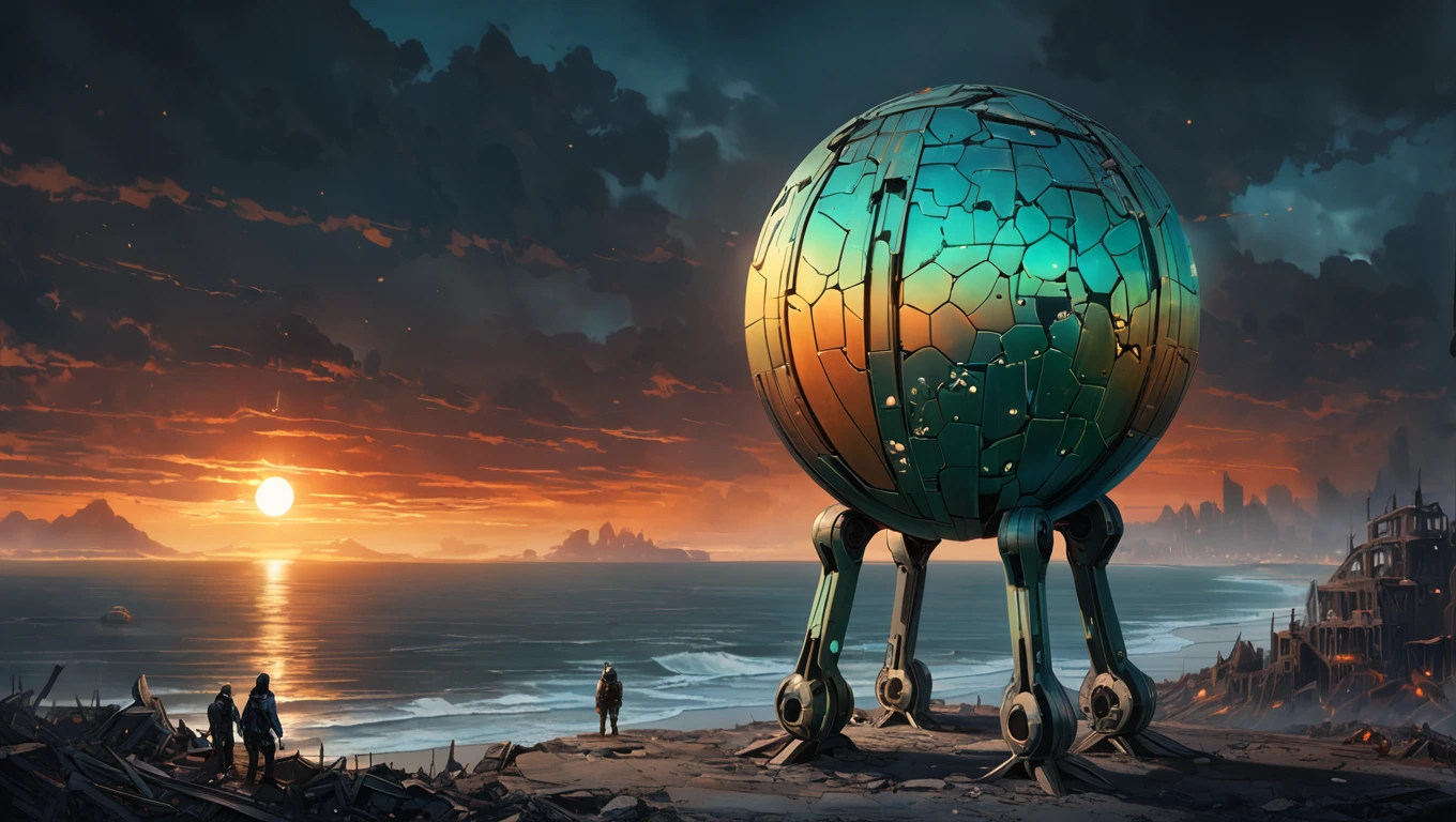 Create a full-scale Titanium sculpture of a 2300 Ai Manufactured EnriCesar man holding a magical shining big orb representing a world in ruins in a desolate dystopian Starcraft inspired village overlooking the ocean in ruins, made of solid Titanium , with a dirty green patina and showing signs of years gone by with tiny glowing alien flowers growing on it. A dark cloudy sky with GoldenNavyBlue orange and red ombrè showcasing an apocalyptic sky. 50mm lens, ultra highly-detailed.