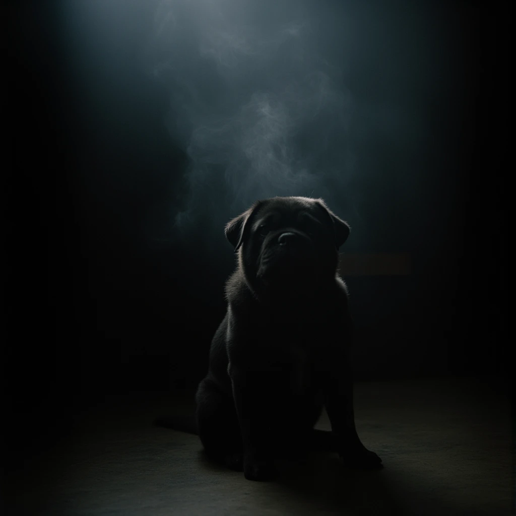 Black dark room filled with smoke with black pug sitting in the center of the room. The Pug is barely seen. Just a contour of his body