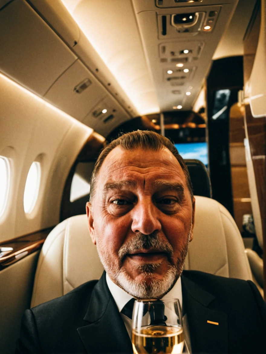 man drinking champagne on a private jet