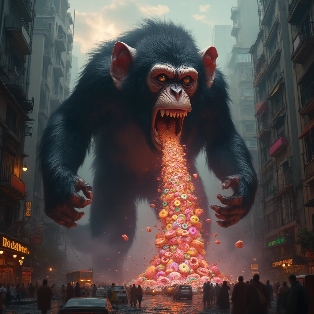 A towering, larger-than-life beautiful Monkey , with reptilian cat-like eyes gleaming with power and mischief, unleashes a vibrant stream of assorted donut chunks vomit from its jaws. The chaotic scene unfolds in a bustling cityscape below, with buildings crumbling and colorful magic adding an element of destruction in this photorealistic depiction.