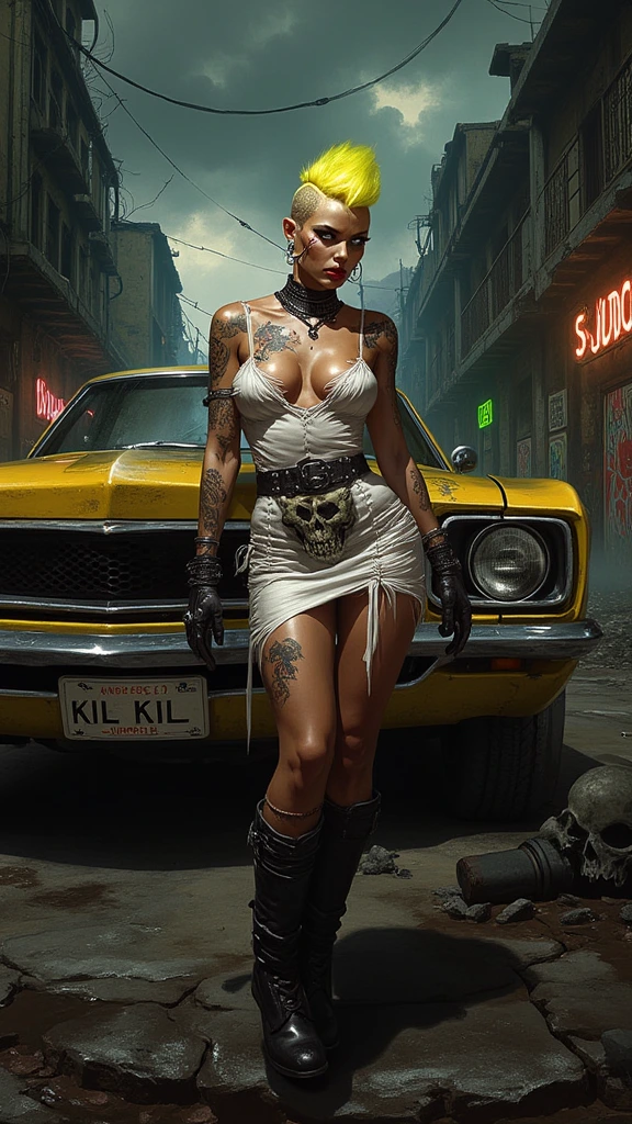 A post-apocalyptic femme fatale punk character with a vibrant neon yellow mohawk and bold undercut, large breasts,exuding defiance with intense eyes, dark makeup, and a striking red lip. Adorned with numerous piercings and elaborate tattoos of skulls and monsters on arms and back, her figure standing boldly in a tight-fitting, torn white dress. The backdrop features a gritty, chaotic urban dystopia with a rugged yellow muscle car bearing a 'KIL KIL' license plate, dilapidated buildings, faded graffiti, tangled wires, and ominous overcast skies, all bathed in vivid yet dark hues for a comic book aesthetic with high detail and dramatic lighting.