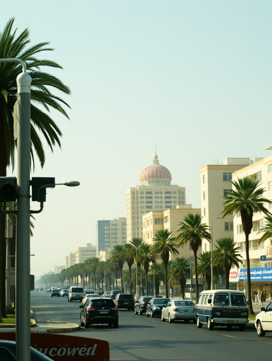 The city of Riyadh during the day in the 1970s, palm trees, buildings, cars