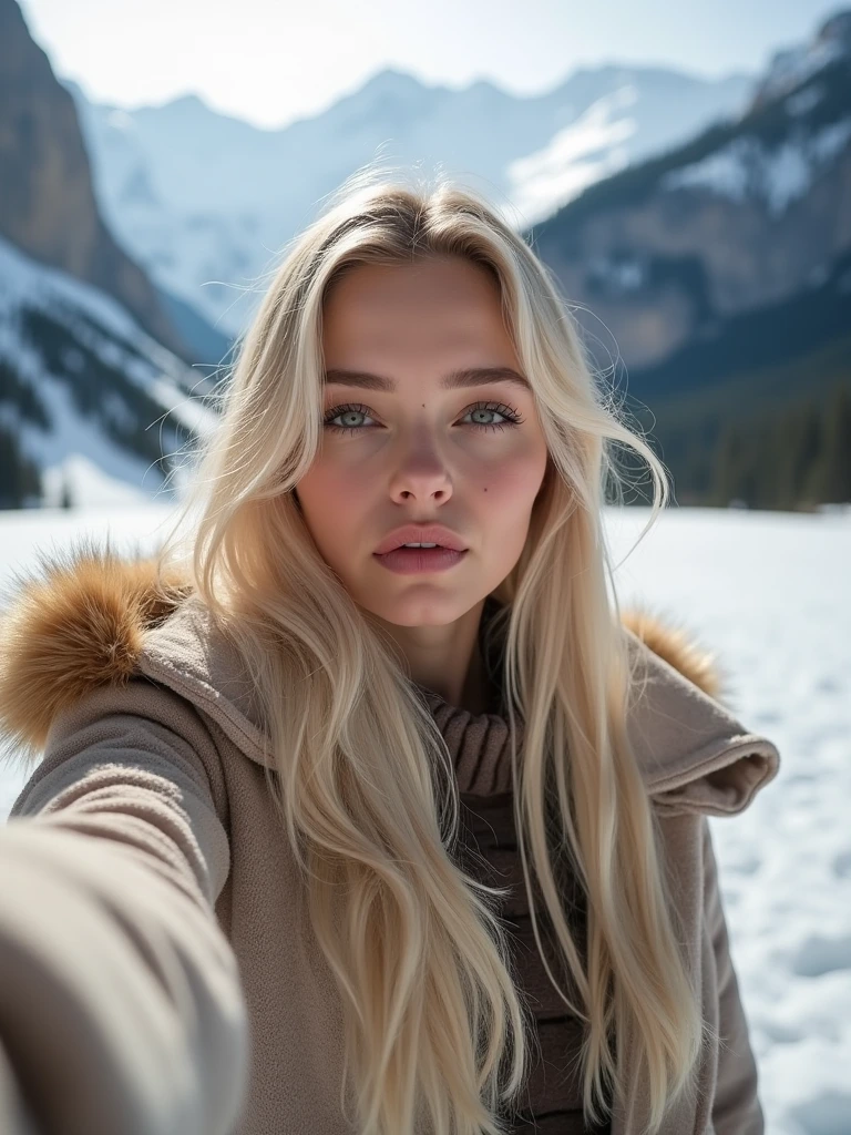 A beautiful blond woman posing elegantly for a selfie. She is serious warmly, capturing a moment of unlikely connection and joy in a serene snowy mountain setting. High resolution, soft natural lighting, enchanting atmosphere.