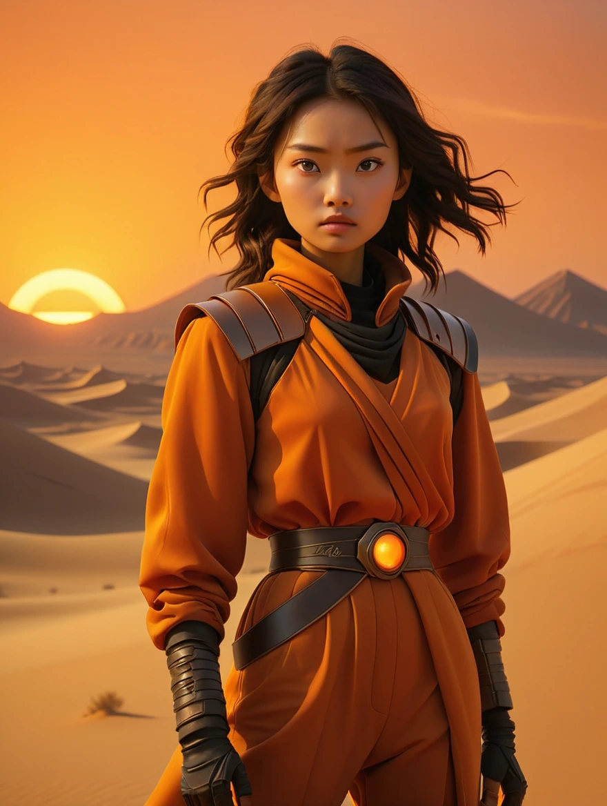 Cinematic film still from the movie Dune, 
Chinese Girl  standing in a desert landscape at sunset. They are dressed in clothes destined for a desert environment, a distant futuristic world, the sky behind them is dominated by a massive, orange sun setting on the horizon, casting a warm, monochromatic orange glow over the entire scene, creating a dramatic and otherworldly atmosphere. The colors are rich in shades of orange, from deep amber to bright, fiery tones, enhancing the sense of an alien sunset.
muted colors, cinematic contour lighting, low contrast ProLog, award-winning composition.