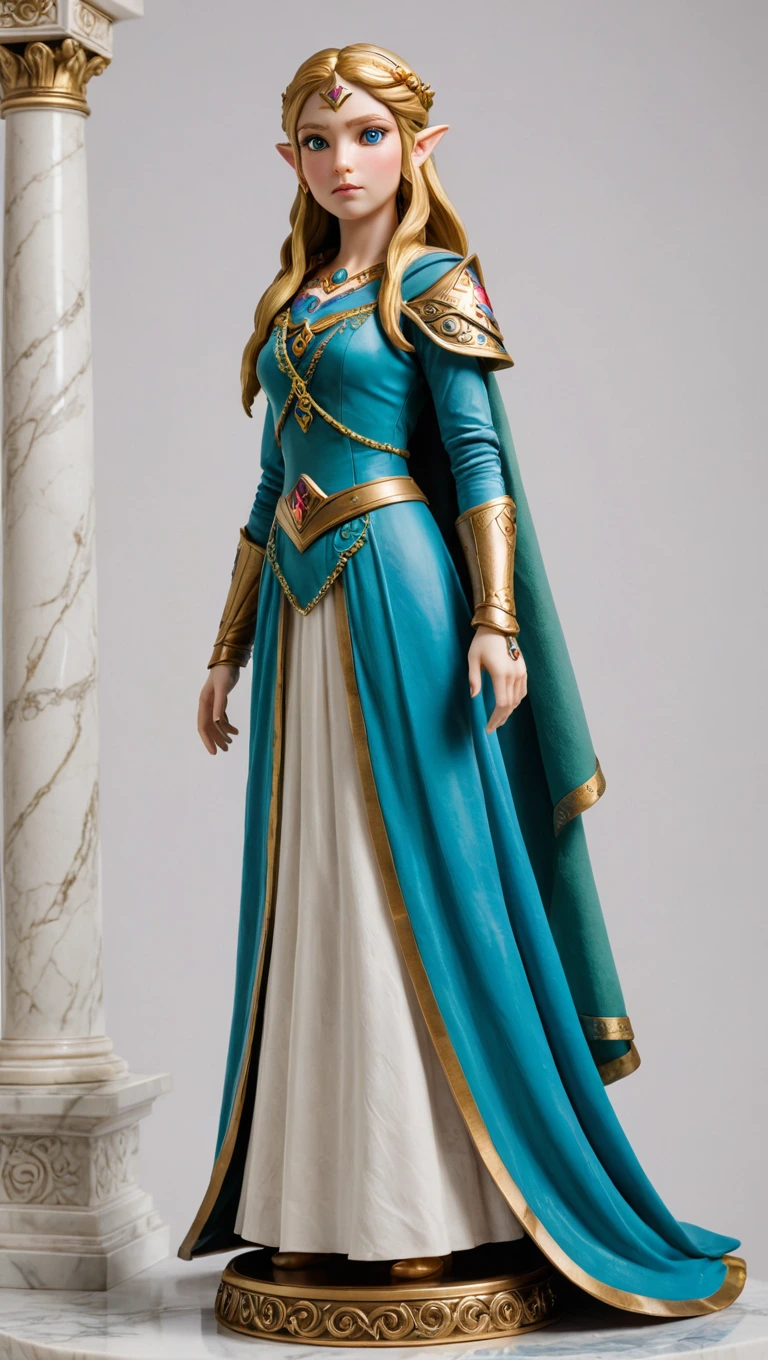 A life-sized Princess Zelda figurine with elaborate sculpted details and lifelike painted features, delicately posed on a marble pedestal against a pristine white backdrop. The expertly directed lighting highlights every curve and shadow, enhancing the rich, vibrant colors and breathing life into this hyper-realistic portrayal.