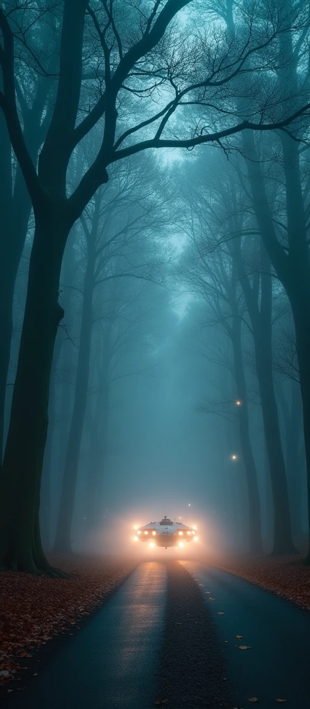 An astrophotograph of a foggy tunnel formed by intermingled and tangled branches of tall trees, with an aliens UFO spaceship on the road, zooming through the scene, kicking up a trail of autumn leaves from the road. The atmosphere is mystical with soft, ethereal light filtering through the fog. The spaceship's numerous lights headlights cast beams through the mist, creating a sense of motion and speed. Stars faintly twinkle through gaps in the trees, adding a cosmic, dreamy element to the otherwise eerie, woodland setting.