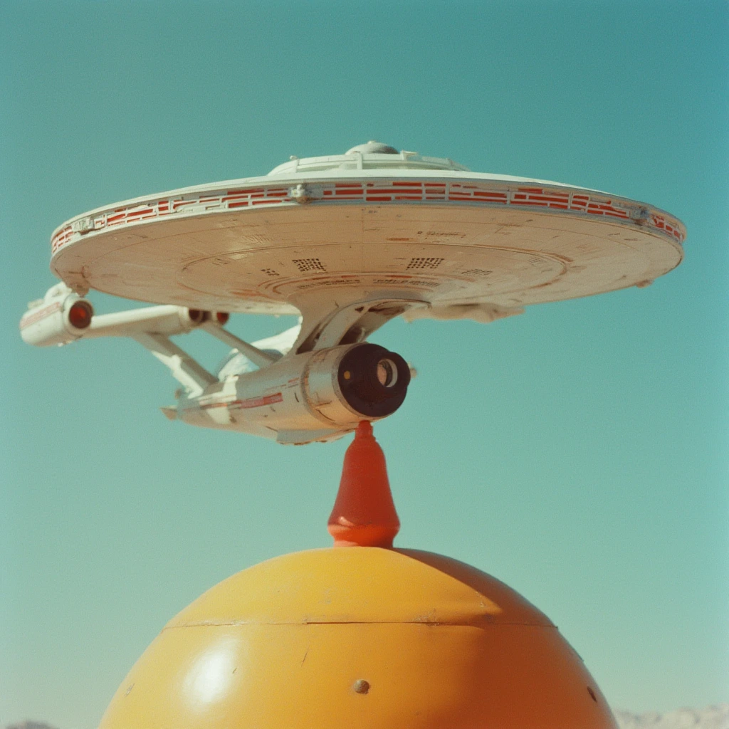 portrait shot of the starship USS Enterprise , Surreal Fashion lomochrome by Maurizio Cattelan, Asger Carlsen, minimalist collages, colorful realism, art nouveau inspiration, puffy shapes, otherworldly visions, precarious balance, baseline, doppler shift