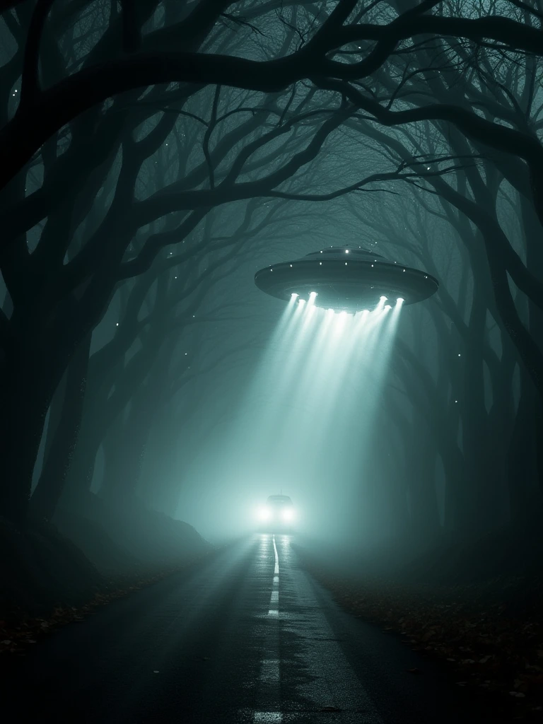 An astrophotograph of a foggy tunnel formed by intermingled and tangled branches of tall trees, with an aliens UFO spaceship on the road, zooming through the scene, kicking up a trail of autumn leaves from the road. The atmosphere is mystical with soft, ethereal light filtering through the fog. The spaceship's numerous lights headlights cast beams through the mist, creating a sense of motion and speed. Stars faintly twinkle through gaps in the trees, adding a cosmic, dreamy element to the otherwise eerie, woodland setting. Surrealistic image of alien spaceship on the road