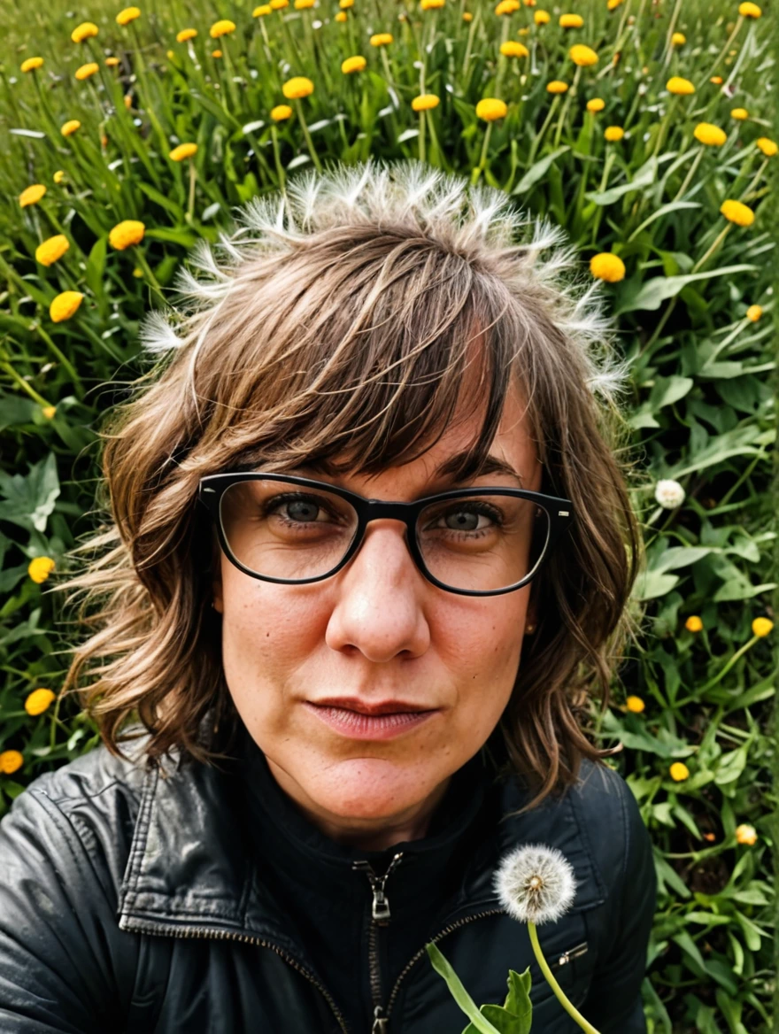 tiny woman standing under a giant dandelion