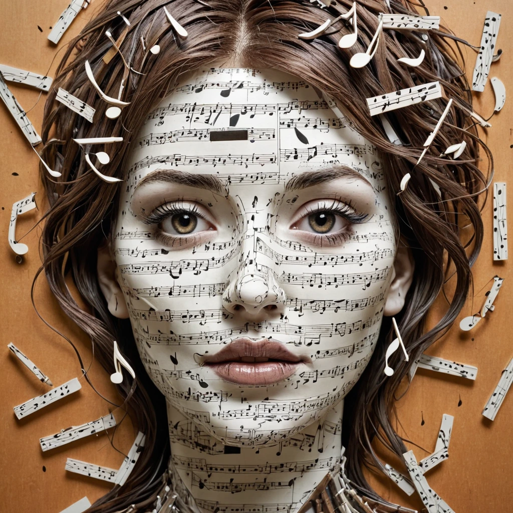 Create a womans face, pieced together from broken musical instruments and music notes