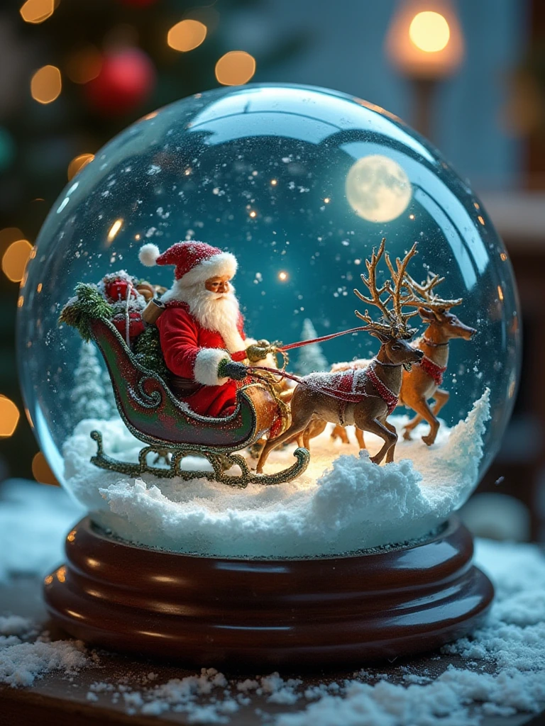 A round glass sphere measuring 12 inches in diameter, with the north pole with Santa on a sleigh drawn by reindeers