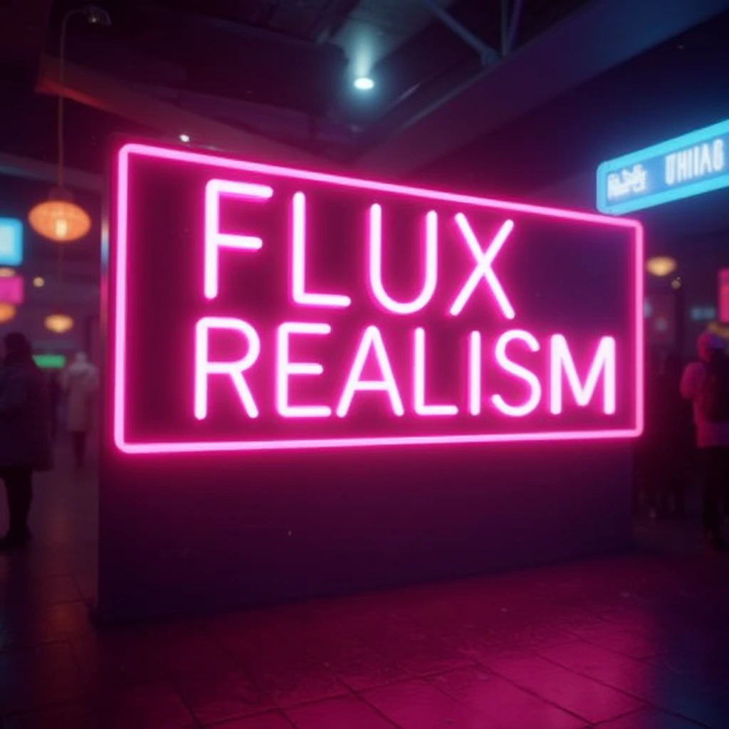 A big pink neon sign with the text "Flux Realism Demo", blurred cyberpunk background