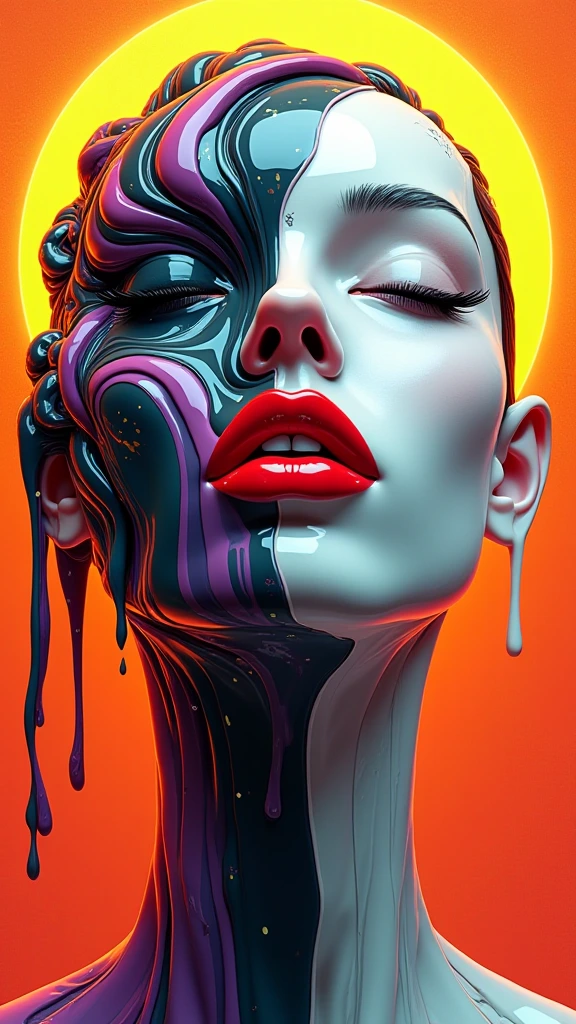 A surreal digital illustration of a stylized human face made up of abstract, fluid shapes, with a combination of smooth, flowing lines and sharp geometric edges. The left side of the face is formed by a mix of colorful, swirling liquid shapes in shades of glittery golden specks, purple, teal, and black, wet dripping down, while the right side features a more rigid cybernetic, white, sculpted form with digital and mechanical features. The lips are bright red and glossy, positioned centrally, creating a striking focal point. The background is an eerie prison cell red graffiti that transitions from warm yellow-orange at the center to a darker shade at the edges, giving a glowing effect behind the abstract face. The overall style is futuristic and artistic, with a strong emphasis on contrast and symmetry.