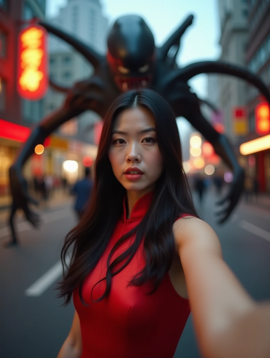 A Chinese woman with long black hair, clad in a vivid red cheongsam dress, strikes a confident pose on a vibrant city street. With a surprising turn of events, a daunting creature reminiscent of "Alien" emerges in the background, its eerie tentacles reaching towards her with a supernatural aura. The high-quality image showcases dynamic lighting and a cinematic composition, seamlessly blending reality with a thrilling touch of the fantastical. The woman captures a selfie, unfazed by the monster looming behind her, both figures sharply in focus.