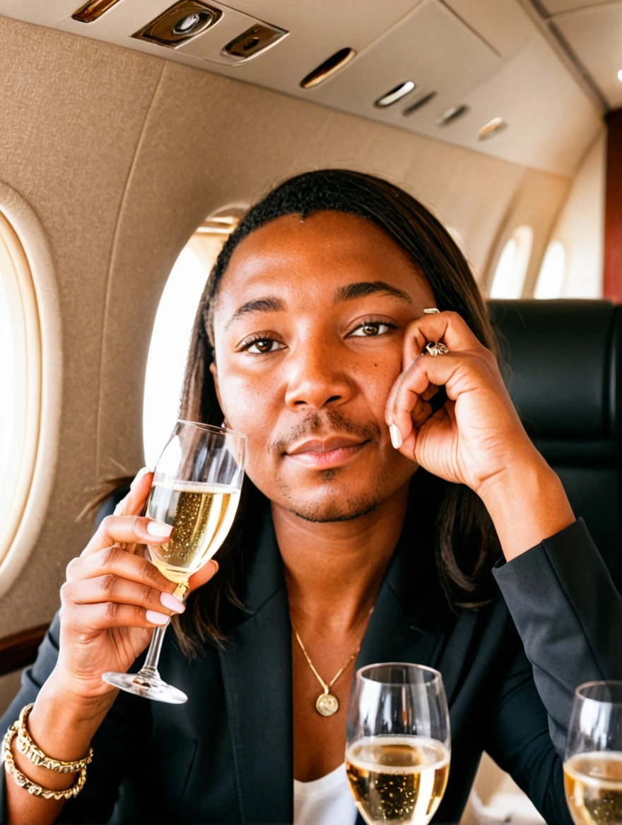 woman drinking champagne on a private jet