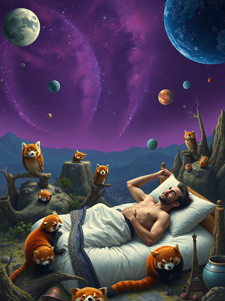 An otherworldly landscape inspired by Salvador Dali's surreal style, where a whimsical muscle shirtless man lying in bed is placed under a starry purple sky, surrounded by bizarre and dreamlike scenery with creatures as brown owls and red pandas cub . Hyper detailed.