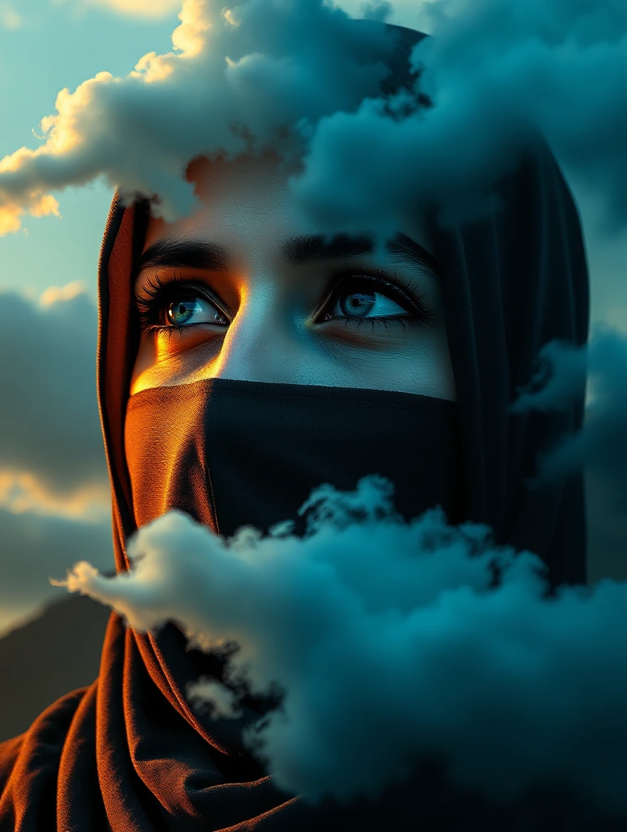 Close-up of a black-eyed Arab woman wearing an Islamic niqab looking away, half of her face is warm and half is cool. Dramatic clouds in shades of blue surround her. Warm autumn. Highly realistic digital art style. High contrast and vivid colors. Surreal and dreamy atmosphere. 32kb resolution, high detail.