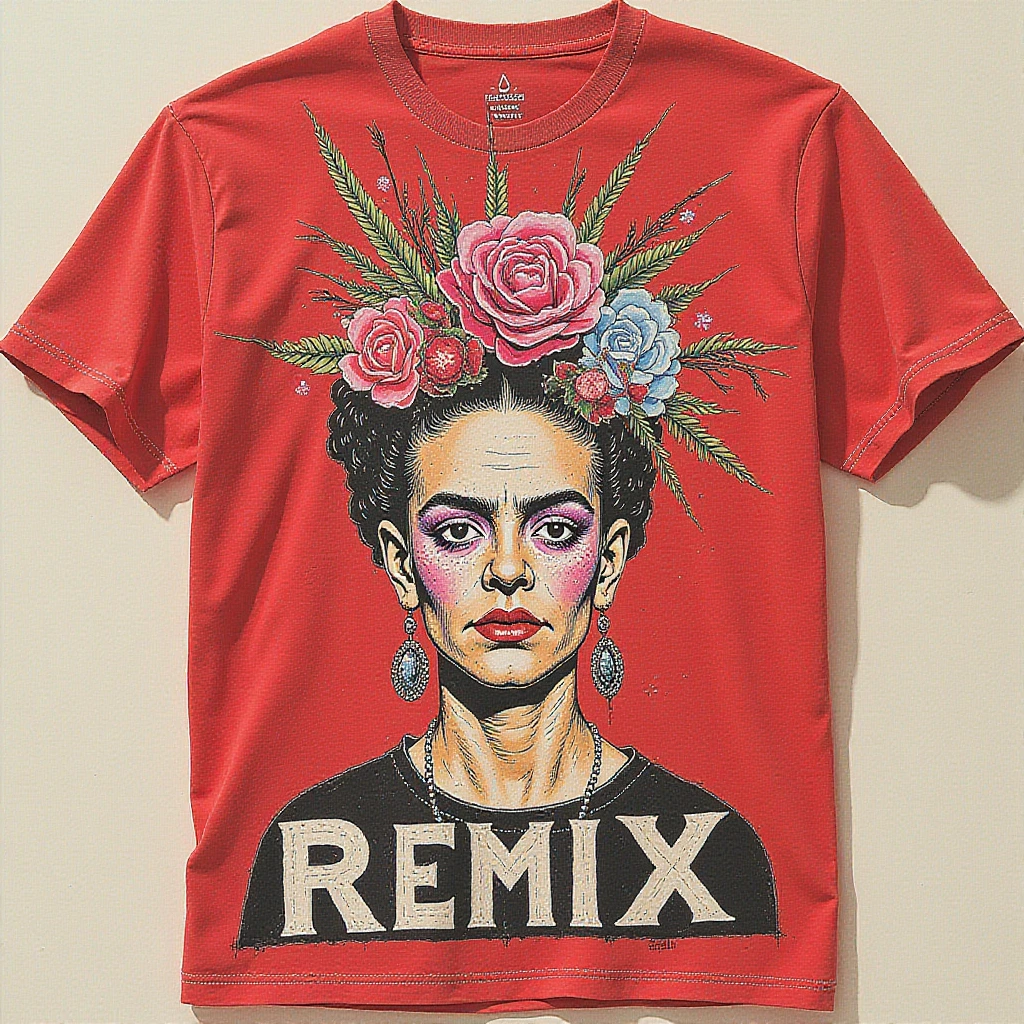 A wild proliferation of styles Friday Kahlo displayed under the word "REMIX". Red tshirt design