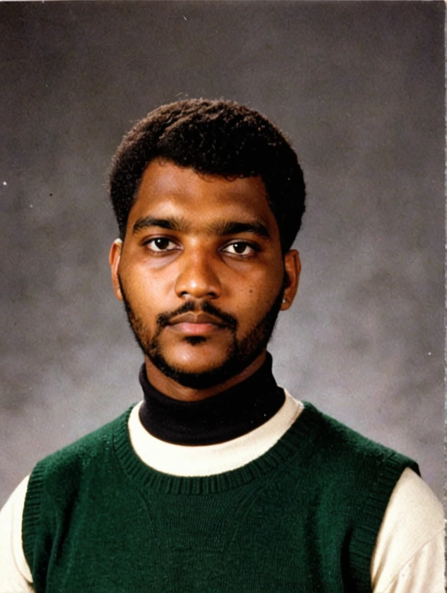 A 1993 yearbook photo of male high school student, turtlenecks, sweater vests, middle-part hairstyle