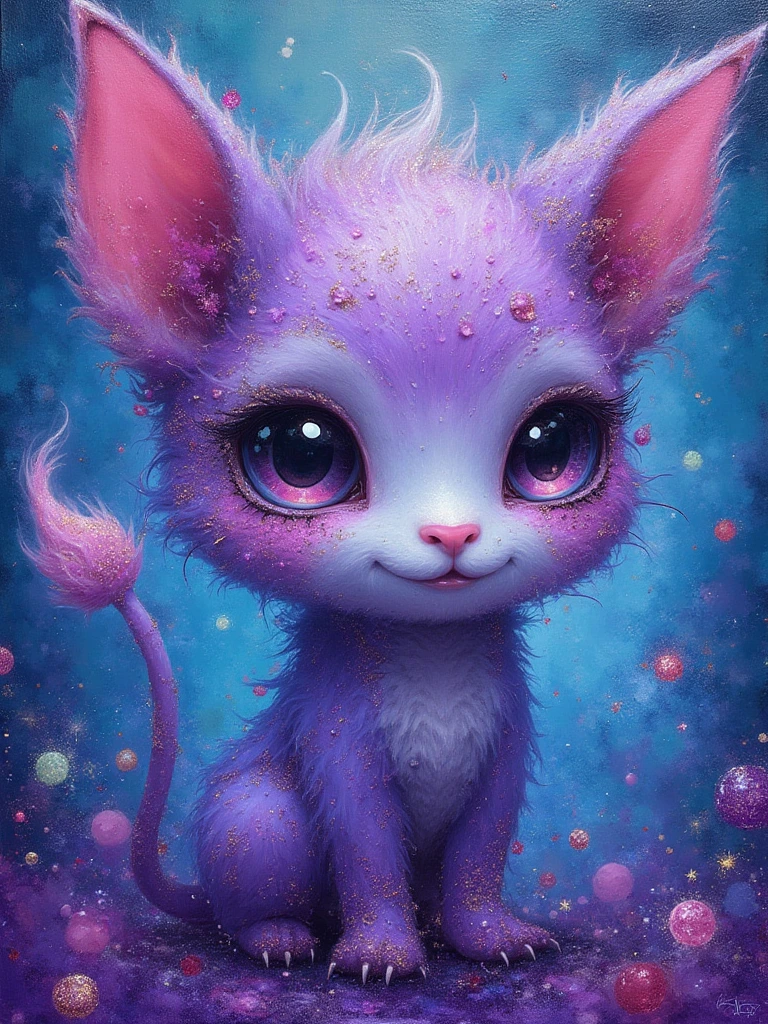 Create a close-up of an adorable chibi fantasy creature with a mesmerizing blend of purple, velvet and blue hues alcohol ink and acrylic glitter paint, painting inspired by the whimsical styles of Michael Cheval, Luis Royo, and Mucha reminiscent mashup of Nordic and Scandinavian art styles. Vibrant colors blend in intricate swirls, creating a dreamy, ethereal background reminiscent of a mystical Candyland. Subtle grunge elements add a touch of dark charm, while hints of a benevolence whimsical appearance float through the composition. The distinctive styles of each artist intertwine, inviting viewers into an enchanting, otherworldly realm of artistic wonder.